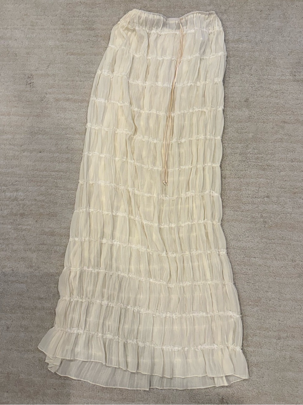 Cream Tiered Pleated Maxi Skirt with Drawstring